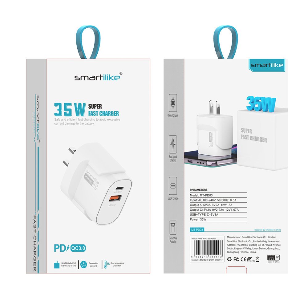 Cargador Rápido Doble Puerto Smartlike 35W (PD + QC 3.0) - MT-PD03